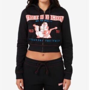 True Religion Anniversary Big T Black Crop Zip Hoodie